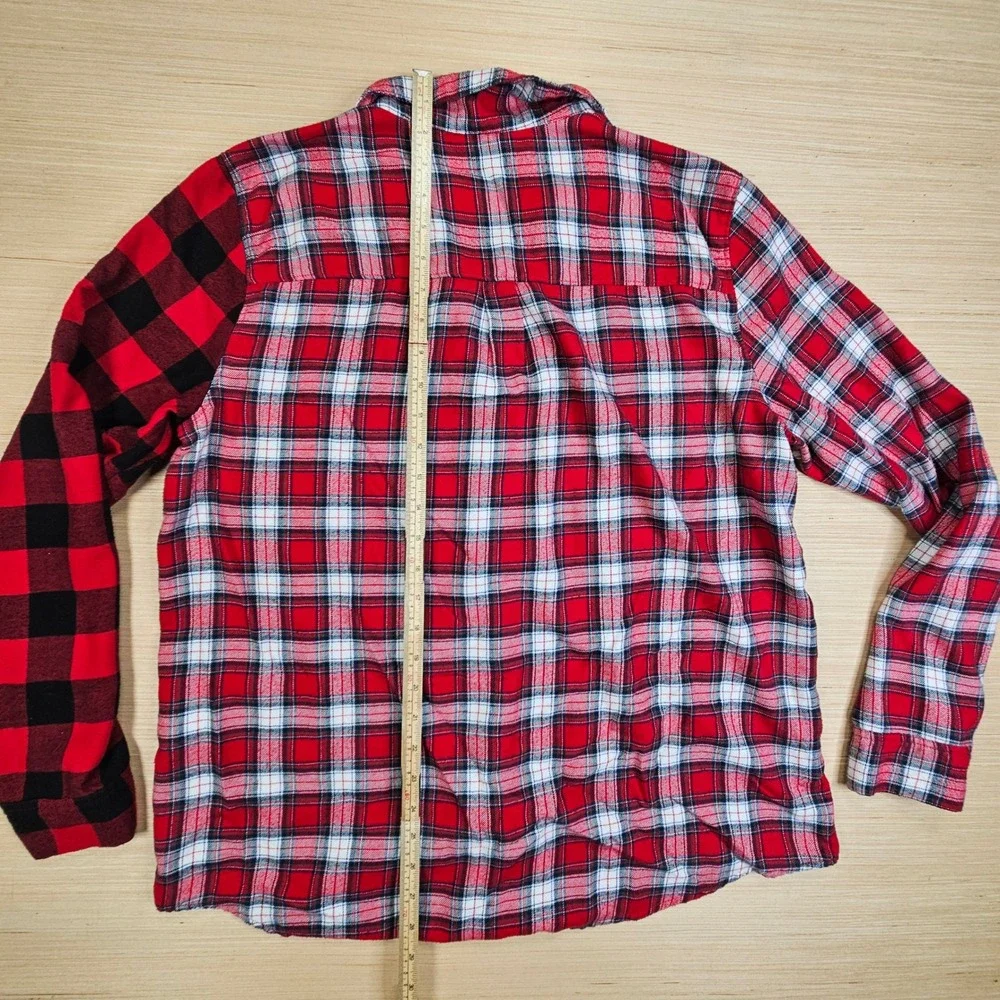 Hollister Sleep Top‎ Women L Red Patchwork Buffalo Plaid Button Up Pajama Shirt